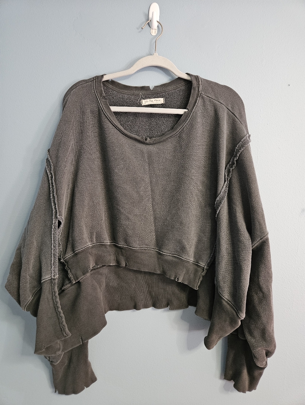 Free People We The Free Sweatshirt Large L Grey Distressed Cropped Raw Hem Boho